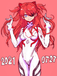 Rule 34 | 1girl, blue eyes, bodysuit, boyaking, breasts, brown hair, evangelion: 3.0+1.0 thrice upon a time, eyepatch, hair ornament, hand in own hair, highres, lips, long hair, looking at viewer, neon genesis evangelion, pilot suit, plugsuit, rebuild of evangelion, shiny clothes, skin tight, smile, solo, souryuu asuka langley, two side up, very long hair, white bodysuit, wide hips