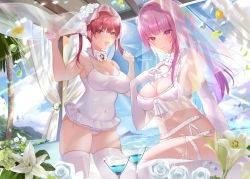 Rule 34 | 2girls, :d, absurdres, bikini, blue sky, breasts, bridal veil, ceiling, cleavage, cocktail glass, coconut tree, cup, detached collar, drinking glass, flower, highres, hololive, houshou marine, hua shu tenma, large breasts, minato aqua, multiple girls, ocean, one-piece swimsuit, open mouth, palm tree, petals, pink eyes, pink hair, red eyes, red hair, skindentation, sky, smile, swimsuit, thighhighs, tree, twintails, veil, virtual youtuber, white bikini, white legwear, yellow eyes
