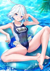 Rule 34 | 1girl, :q, absurdres, ahoge, armpits, barefoot, blue eyes, blue hair, blue one-piece swimsuit, breasts, character name, chinese commentary, commentary request, covered navel, crossed ankles, day, food, full body, furina (genshin impact), genshin impact, hands up, head tilt, heterochromia, highres, holding, holding food, holding popsicle, huge ahoge, innertube, light blue hair, looking at viewer, medium breasts, multicolored hair, nathda, on innertube, one-piece swimsuit, popsicle, sitting, soles, solo, splashing, spread legs, swim ring, swimsuit, thighs, toes, tongue, tongue out, two-tone hair, water, white hair