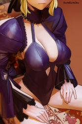 Rule 34 | 1girl, absurdres, artoria pendragon (fate), black bow, blue leotard, bow, breasts, cleavage, clothing cutout, collar, commentary, detached sleeves, english commentary, fang, fate/stay night, fate (series), frilled sleeves, frills, hair bow, head out of frame, highres, large breasts, leotard, navel cutout, no bra, pinky out, saber alter, sitting, skin fang, solo, thighs, tumtumisu