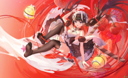 Rule 34 | 1girl, apron, atdan, azur lane, bare shoulders, black dress, black thighhighs, blue eyes, blunt bangs, breasts, brown hair, cherry, closed mouth, detached collar, detached sleeves, dress, feet, floating hair, food, fruit, full body, highres, horns, long hair, looking at viewer, maid headdress, manjuu (azur lane), medium breasts, noshiro (azur lane), noshiro (hold the ice) (azur lane), official alternate costume, oni horns, puffy short sleeves, puffy sleeves, red ribbon, revision, ribbon, short sleeves, sidelocks, smile, soles, solo, strawberry, thighhighs, toes, twintails, very long hair, white apron