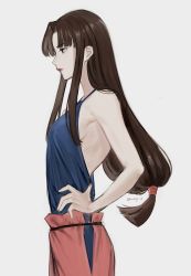 Rule 34 | 1girl, backless outfit, black eyes, breasts, brown hair, from side, hands on own hips, highres, long hair, looking at viewer, looking back, low-tied long hair, multiple girls, nnshigk 03, pants, parted bangs, ponytail, red pants, lin (sen to chihiro no kamikakushi), sen to chihiro no kamikakushi, simple background, solo, standing, striped, studio ghibli, twitter username, vertical stripes, very long hair, white background