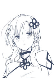 Rule 34 | 1girl, absurdres, assault lily, choker, commentary, flower, greyscale, hair flower, hair ornament, highres, kashikaze, lineart, long hair, low side ponytail, monochrome, short sleeves, simple background, solo, upper body, wang yujia