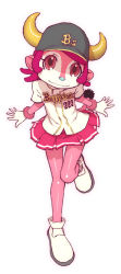 Rule 34 | 1girl, baseball cap, baseball jersey, buffalo bell, clothes writing, hat, hijiri rei, horns, jersey, leg lift, mascot, miniskirt, nippon professional baseball, orix buffaloes, pink eyes, pink hair, pink legwear, pink theme, pleated skirt, red skirt, simple background, skirt, solo, standing, standing on one leg, striped clothes, striped skirt, tail, white background