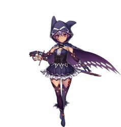Rule 34 | 1girl, asafimu, boots, cape, dress, elbow gloves, expressionless, facial mark, full body, gloves, gretel (sennen sensou aigis), holding, holding sword, holding weapon, hood, looking at viewer, official art, purple hair, sennen sensou aigis, sheath, sheathed, skirt, solo, sword, tattoo, transparent background, underbust, weapon