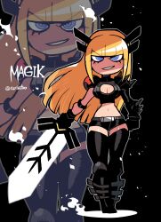 Rule 34 | 1girl, absurdres, black background, black footwear, black gloves, black shirt, black shorts, blonde hair, blue eyes, boots, breasts, character name, cleavage, cleavage cutout, clothing cutout, commentary, crop top, english commentary, floating hair, gloves, high heel boots, high heels, highres, holding, holding sword, holding weapon, huge weapon, illyana rasputina, knee pads, long hair, looking at viewer, magik (x-men), marvel, medium breasts, midriff, navel, rariatto (ganguri), shirt, short shorts, shorts, smirk, solo, spiked pauldrons, spikes, sword, thigh boots, twitter username, very long hair, weapon, x-men, zoom layer