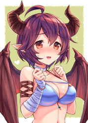 Rule 34 | 1girl, ahoge, bandaged arm, bandages, bikini, blue bikini, blue choker, blush, breasts, choker, cleavage, clenched hands, collarbone, dragon girl, dragon horns, dragon tail, dragon wings, flying sweatdrops, granblue fantasy, grea (shingeki no bahamut), green background, hair between eyes, halterneck, highres, horns, large breasts, looking at viewer, nose blush, open mouth, pointy ears, purple hair, red eyes, shingeki no bahamut, shirt, short hair, solo, stomach, swimsuit, tail, tomo (tmtm mf mf), upper body, wings