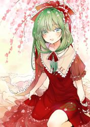Rule 34 | 1girl, :d, commentary request, dress, flower, frilled ribbon, frilled shirt collar, frilled sleeves, frills, front ponytail, green eyes, green hair, hair ribbon, highres, hinamatsuri, kagiyama hina, long hair, looking at viewer, open mouth, partially submerged, puffy short sleeves, puffy sleeves, red dress, red ribbon, ribbon, ryuuta (akatukiryoka), short sleeves, sitting, skirt hold, smile, solo, touhou, branch, twitter username, water, wrist ribbon