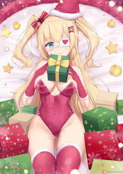 Rule 34 | 1girl, akai haato, bauble, blonde hair, blue eyes, box, breasts, christmas, christmas ornaments, cleavage, eyepatch, fur-trimmed gloves, fur-trimmed legwear, fur trim, gift, gift box, gloves, gluteal fold, hat, highres, hololive, joko jmc, leotard, long hair, lying, medical eyepatch, navel, on back, playboy bunny, red gloves, red thighhighs, santa hat, short twintails, smile, snowflakes, solo, star (symbol), thighhighs, twintails, virtual youtuber