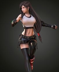 Rule 34 | 1girl, 3d, artist name, bare shoulders, black gloves, black hair, black skirt, black sports bra, black thighhighs, boots, bracelet, breasts, brown hair, clenched hands, closed mouth, crop top, earrings, elbow gloves, fighting stance, final fantasy, final fantasy vii, final fantasy vii remake, fingerless gloves, gloves, highres, jewelry, knee up, large breasts, lips, long hair, looking to the side, low-tied long hair, midriff, navel, raidenwgt, red eyes, red footwear, ribbed tank top, single earring, skirt, solo, sports bra, square enix, suspender skirt, suspenders, swept bangs, tank top, teardrop earring, thighhighs, thighs, tifa lockhart, white tank top, zettai ryouiki