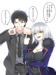 Rule 34 | 1boy, 1girl, ahoge, alternate costume, black hair, black neckwear, blonde hair, breasts, business suit, cleavage, comic, command spell, commentary request, closed eyes, fate/grand order, fate (series), formal, fujimaru ritsuka (male), fujimaru ritsuka (male) (royal brand), highres, jeanne d&#039;arc (fate), jeanne d&#039;arc alter (fate), jeanne d&#039;arc alter (ver. shinjuku 1999) (fate), jewelry, koro (tyunnkoro0902), large breasts, long sleeves, middle finger, necklace, necktie, official alternate costume, open mouth, speech bubble, suit, tongue, tongue out, translation request, yellow eyes