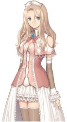 Rule 34 | 10s, 1girl, blonde hair, blue eyes, breasts, brooch, brown hair, cleavage, detached sleeves, dress, frills, jewelry, long hair, medium breasts, official art, rufina (shining hearts), shining (series), shining hearts, smile, thighhighs, tony taka, zettai ryouiki