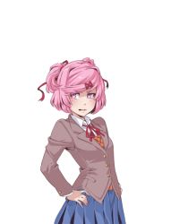 Rule 34 | 1girl, blue skirt, doki doki literature club, frown, hair ornament, hair ribbon, hairclip, hands on own hips, hushabye, jacket, looking at viewer, natsuki (doki doki literature club), neck ribbon, open mouth, pink eyes, pink hair, pleated skirt, ribbon, school uniform, shirt, short hair, simple background, skirt, solo, two side up, white background, white shirt