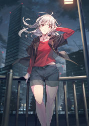 Rule 34 | 1girl, :o, antenna hair, black jacket, black shorts, building, cityscape, floating hair, hand up, highres, hood, hood down, hooded jacket, jacket, koh rd, long hair, long sleeves, looking at viewer, night, open clothes, open jacket, original, outdoors, parted lips, railing, red eyes, red shirt, shirt, shorts, solo, standing, white hair
