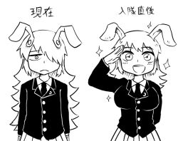 Rule 34 | 1girl, animal ears, before and after, breasts, rabbit ears, commentary, dual persona, expressionless, flat chest, greyscale, hair over one eye, happy, large breasts, long hair, looking at viewer, monochrome, necktie, nicetack, reisen udongein inaba, salute, simple background, sparkle, touhou, translated, truth, uniform