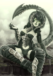 Rule 34 | 1girl, ahoge, barbariank, black dragon (d&amp;d), black hair, breasts, colored skin, dragon girl, dragon horns, dragon tail, dungeons &amp; dragons, elbow gloves, fangs, fur trim, gauntlets, gloves, gradient background, green eyes, green skin, highres, horns, md5 mismatch, monochrome, monster girl, original, pale skin, resized, resolution mismatch, scales, short hair, sitting, solo, source larger, tail
