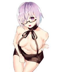 Rule 34 | 1girl, arm at side, arm support, backless dress, backless outfit, bare shoulders, black-framed eyewear, blush, breasts, brown dress, brown sweater, collarbone, cowboy shot, dress, fate/grand order, fate (series), female focus, glasses, hair over one eye, halterneck, highres, large breasts, looking at viewer, mash kyrielight, meme attire, naked sweater, no bra, no panties, open mouth, purple eyes, purple hair, ribbed sweater, semi-rimless eyewear, short hair, simple background, sitting, sleeveless, sleeveless turtleneck, solo, sweater, sweater dress, turtleneck, turtleneck sweater, virgin killer sweater, wardrobe error, wardrobe malfunction, white background, za yu a