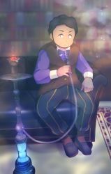 Rule 34 | 1boy, black hair, bookshelf, bow, bowtie, brown vest, buttons, closed mouth, commentary request, couch, creatures (company), facial hair, game freak, highres, holding, hookah, indoors, laventon (pokemon), long sleeves, male focus, neocerapaima, nintendo, pants, pokemon, pokemon legends: arceus, purple eyes, purple shirt, rug, shirt, shoes, short hair, sitting, smoke, socks, solo, sparkle, vest