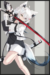 Rule 34 | 1girl, ahoge, animal ear fluff, animal ears, black footwear, black gloves, blood, blood in hair, blue eyes, earrings, extra ears, fighting stance, fingerless gloves, fox ears, fox girl, fox tail, gloves, grey hair, hair between eyes, heterochromia, highres, holding, holding sword, holding weapon, jewelry, katana, leg up, long hair, long sleeves, original, scabbard, sheath, shirt, shoes, simple background, solo, standing, sumishi (sumisi 3), sword, tail, tail ornament, tail ring, weapon, white shirt, yellow eyes