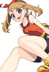 Rule 34 | 1girl, :d, bike shorts, blue eyes, blush, bow hairband, breasts, brown hair, collarbone, commentary request, creatures (company), eyelashes, fanny pack, game freak, hairband, happy, highres, knees, may (pokemon), medium breasts, medium hair, nintendo, open mouth, pokemon, pokemon oras, red hairband, red shirt, shirt, shoes, shorts, sleeveless, sleeveless shirt, smile, solo, yellow bag, yellow footwear, yuihico