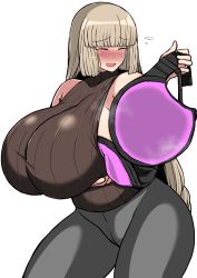 Rule 34 | 1girl, arm under breasts, bare shoulders, blonde hair, blush, bombergirl, bra, bra pull, breasts, closed eyes, clothes pull, cowboy shot, dot nose, gigantic breasts, highres, holding, holding bra, holding clothes, holding underwear, huge bra, komusou (jinrikisha), long hair, open mouth, pants, sepia belmont, shiny clothes, shiny skin, sleeveless, standing, steaming body, underwear