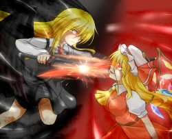 Rule 34 | 2girls, :d, battle, black wings, blonde hair, blouse, breasts, clash, darkness, dress, ex-rumia, flandre scarlet, hat, large breasts, long hair, mob cap, multiple girls, open mouth, red eyes, rody (hayama yuu), rumia, serious, shirt, side ponytail, skirt, smile, sparks, sword, touhou, vest, weapon, wings