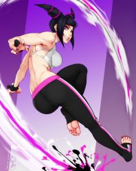 Rule 34 | 1girl, alternate costume, ass, back, barefoot, black hair, breasts, commentary, drill hair, feet, feguimel, fingernails, gloves, halterneck, han juri, highres, looking at viewer, looking back, medium breasts, nail polish, no shoes, palms, partially fingerless gloves, pink eyes, purple eyes, smile, soles, solo, street fighter, street fighter v, toeless legwear, toenail polish, toenails, toes, twin drills