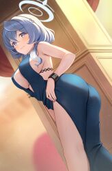 Rule 34 | 1girl, ako (blue archive), ako (dress) (blue archive), ass, blue archive, blue dress, blue eyes, blue hair, blush, breasts, closed mouth, cuffs, dress, feet out of frame, halo, highres, kneepits, large breasts, looking at viewer, looking to the side, melreon, official alternate costume, plunging neckline, shackles, sideboob, solo, tagme, tears, twisted torso