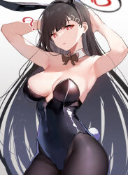 Rule 34 | 1girl, ?, animal ears, arito arayuru, arms behind head, black bow, black bowtie, black hair, black leotard, black pantyhose, blue archive, bow, bowtie, breasts, bright pupils, cowboy shot, detached collar, fake animal ears, fake tail, hair ornament, hairpin, halo, highres, large breasts, leotard, looking at viewer, open mouth, pantyhose, playboy bunny, rabbit ears, rabbit tail, red eyes, rio (blue archive), simple background, solo, tail, white background, white pupils