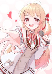 Rule 34 | 1girl, absurdres, ahoge, blonde hair, brown dress, dress, fortissimo, hair ornament, hair ribbon, heart, highres, holding, holding microphone, hololive, hololive dev is, jacket, karupa (karupapon), long hair, looking at viewer, microphone, musical note, musical note hair ornament, otonose kanade, red eyes, red ribbon, ribbon, side ponytail, smile, solo, teeth, upper teeth only, virtual youtuber, white background, white jacket