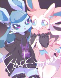 Rule 34 | 2girls, :3, animal ears, animal hands, back bow, black ribbon, black sweater, blue hair, blue sclera, blush, bottomless, bow, censored, chromatic aberration, closed mouth, clothes writing, colored sclera, cowboy shot, creatures (company), drawstring, dress, ear piercing, eevee, english text, fang, female focus, frilled dress, frills, furry, furry female, game freak, gen 1 pokemon, gen 4 pokemon, gen 6 pokemon, glaceon, gradient background, hair ornament, hand up, hands up, happy, heart, heart in eye, hood, hoodie, japanese text, lightning bolt symbol, long hair, middle finger, multiple girls, nintendo, personification, piercing, pink dress, pink hair, pointless censoring, pokemon, pokemon (creature), profanity, pyon ko, ribbon, short dress, short hair, simple background, smile, standing, sweater, sylveon, symbol in eye, tail, tongue, tongue out, tongue piercing, translation request, twintails, unusual pupils, white eyes