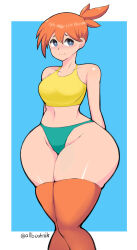Rule 34 | 1girl, allbeatnik, arms behind back, artist name, asymmetrical hair, blue eyes, blush, border, breasts, cleavage, closed mouth, creatures (company), crop top, embarrassed, female focus, game freak, highres, large breasts, legs, looking at viewer, midriff, misty (pokemon), navel, nintendo, orange hair, panties, pokemon, pokemon (anime), pokemon (classic anime), ponytail, short hair, side ponytail, simple background, smile, solo, standing, swimsuit, tank top, thick thighs, thighhighs, thighs, underwear, white border, wide hips