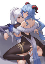 Rule 34 | 1futa, 1girl, ass, bare shoulders, black bodysuit, black gloves, blue eyes, blue hair, blush, bodysuit, breasts, closed mouth, clothed sex, commentary, commission, crossover, cum, cum overflow, detached sleeves, futa with female, futanari, ganyu (genshin impact), genshin impact, gloves, goat horns, hair between eyes, highres, horns, large breasts, long hair, long sleeves, looking at viewer, nipples, penis, ponytail, rwby, sex, sitting, smile, straddling, testicles, torn bodysuit, torn clothes, upright straddle, weiss schnee, white background, white hair, zero a