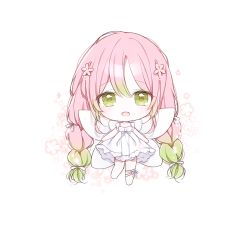 Rule 34 | 1girl, :d, absurdly long hair, bad id, bad pixiv id, bare arms, bare shoulders, barefoot, blush, bow, braid, chibi, dress, fairy, fairy wings, floral background, flower, full body, gradient hair, green eyes, green hair, hair between eyes, hair flower, hair ornament, kanroji mitsuri, kimetsu no yaiba, long hair, looking at viewer, low twintails, mattang, mole, mole under eye, multicolored hair, open mouth, pink flower, pink hair, sleeveless, sleeveless dress, smile, solo, twin braids, twintails, very long hair, white background, white bow, white dress, white wings, wings