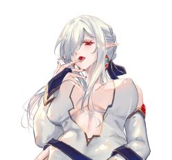 Rule 34 | 1girl, arknights, bare shoulders, black nails, breasts, bridal gauntlets, cherry, covered erect nipples, detached sleeves, eating, food, from below, fruit, gladiia (arknights), grey hair, hair over one eye, large breasts, long hair, long sleeves, looking at viewer, looking down, mirrorwu, nail polish, navel, no bra, open clothes, open mouth, pointy ears, red eyes, simple background, solo, thighhighs, tongue, tongue out, upper body, white background