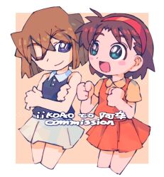 Rule 34 | 2girls, absurdres, blue eyes, blue shirt, blush stickers, brown hair, clenched hands, collared shirt, commission, crossed arms, haibara ai, highres, iikoao, looking at another, meitantei conan, miniskirt, multiple girls, one eye closed, open mouth, orange shirt, orange skirt, pleated skirt, shirt, short hair, simple background, skirt, sleeveless, sleeveless shirt, tongue, white skirt, yellow shirt, yoshida ayumi