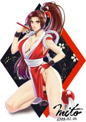 Rule 34 | 1girl, 2020, breasts, brown eyes, brown hair, cleavage, dated, fatal fury, female focus, folding fan, full body, hand fan, holding, holding fan, kneeling, large breasts, long hair, matching hair/eyes, mito amatsu, nail polish, ninja, parted bangs, pelvic curtain, ponytail, red nails, revealing clothes, shiranui mai, simple background, snk, solo, the king of fighters, white background