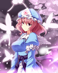 Rule 34 | 1girl, breasts, bug, butter-t, butterfly, cherry blossoms, female focus, ghost, hitodama, bug, japanese clothes, obi, pink eyes, pink hair, saigyouji yuyuko, sash, short hair, smile, solo, touhou, tree, triangular headpiece