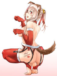 Rule 34 | 1girl, alternate hairstyle, animal ears, ass, bishi (bishi), blush, braid, christmas, collar, dog ears, dog tail, elbow gloves, feet, garter belt, garter straps, girls&#039; frontline, gloves, hand fan, lingerie, long hair, looking at viewer, looking back, m4 sopmod ii (girls&#039; frontline), no shoes, paw pose, pink hair, ponytail, red eyes, smile, soles, solo, squatting, tail, thighhighs, toeless legwear, underwear