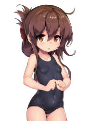 Rule 34 | 1girl, alternate costume, bare arms, bare shoulders, blue one-piece swimsuit, blush, breasts, brown eyes, brown hair, collarbone, commentary request, covered navel, cowboy shot, folded ponytail, gluteal fold, hair between eyes, hair ornament, hairclip, highres, inazuma (kancolle), kantai collection, long hair, looking at viewer, one-piece swimsuit, parted lips, school swimsuit, siesta (artist), simple background, small breasts, solo, standing, swimsuit, white background