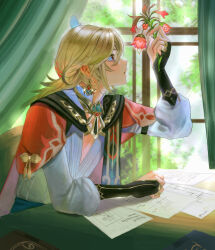 Rule 34 | 1boy, 4the2ofus, absurdres, blonde hair, cape, commentary request, curtains, earrings, feather hair ornament, feathers, flower, gem, genshin impact, gold earrings, gold necklace, gold trim, green gemstone, hair ornament, highres, holding, holding flower, indoors, jewelry, kaveh (genshin impact), long hair, long sleeves, looking to the side, male focus, necklace, open mouth, paper, profile, red cape, red eyes, shirt, solo, white shirt, window