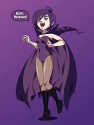 Rule 34 | 1girl, ahoge, bare shoulders, black pantyhose, blue eyes, boots, breasts, cape, drill hair, english text, eyebrows, fangs, female focus, full body, gradient background, halloween, high heel boots, high heels, highres, leotard, nose, open mouth, pantyhose, purple hair, purple leotard, simple background, small breasts, solo, teeth, uvula, vampire, zone-tan