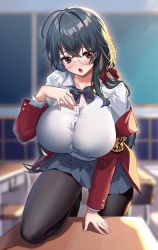 Rule 34 | 1girl, absurdres, armband, azur lane, black bow, black bowtie, black hair, bow, bowtie, breasts, classroom, cleavage, desk, dishui tangni, glasses, highres, large breasts, long hair, off-shoulder jacket, off shoulder, official alternate costume, open mouth, pantyhose, pleated skirt, red eyes, school uniform, skirt, taihou (azur lane), taihou (sweet time after school) (azur lane), yellow armband