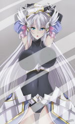 Rule 34 | 10s, 1girl, :o, against glass, antenna hair, armpits, arms up, blue eyes, blush, breast press, breasts, breasts on glass, covered erect nipples, covered navel, detached sleeves, gauntlets, gradient background, hair ribbon, headgear, high school dxd, highres, large breasts, long hair, looking at viewer, open mouth, ribbon, rossweisse, silver hair, the-sinner, very long hair