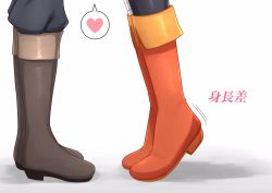Rule 34 | 1boy, 1girl, bandaged leg, bandages, black thighhighs, boots, brown footwear, commentary, feet only, head out of frame, heart, height difference, highres, implied kiss, kmtm kmk0819, kono subarashii sekai ni shukufuku wo!, megumin, motion lines, orange footwear, out of frame, pants, satou kazuma, shadow, simple background, single thighhigh, speech bubble, spoken heart, thighhighs, tiptoes, translated, white background