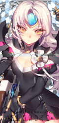 Rule 34 | 1girl, black gloves, breasts, cleavage, code: nemesis (elsword), elsword, eve (elsword), gloves, gun, holding, holding gun, holding weapon, looking at viewer, pika (kai9464), pink hair, small breasts, solo, weapon, yellow eyes