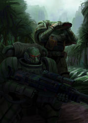 Rule 34 | 2boys, absurdres, adeptus astartes, ammunition belt, ammunition chute, armor, artist request, binoculars, bolter, camouflage, commission, grey sky, gun, highres, holding, holding binoculars, holding gun, holding weapon, jungle, military, military uniform, multiple boys, nature, outdoors, pauldrons, rifle, second-party source, shoulder armor, sky, sniper rifle, space marine, tree, uniform, warhammer 40k, weapon