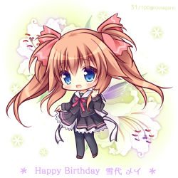 Rule 34 | 1girl, :d, bad id, bad pixiv id, black jacket, black pantyhose, black shirt, black skirt, blue eyes, blush, brown footwear, brown hair, character name, chibi, commentary request, cross, floral background, flower, full body, hair between eyes, hair ribbon, hand up, happy birthday, hello good-bye, jacket, long hair, long sleeves, neck ribbon, open mouth, pantyhose, pink ribbon, pleated skirt, red ribbon, ribbon, ryuuka sane, sailor collar, shirt, shoes, sidelocks, skirt, smile, solo, standing, twintails, twitter username, white flower, white sailor collar, yukishiro may