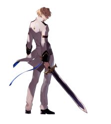 Rule 34 | 1boy, black footwear, blonde hair, blue eyes, closed mouth, coattails, from behind, full body, hair between eyes, highres, holding, holding sword, holding weapon, holostars, jacket, kishido temma, looking at viewer, looking back, male focus, pants, profile, saku (sakudeji), serious, shaded face, shoes, short hair, simple background, sleeve cuffs, solo, standing, sword, virtual youtuber, weapon, white background, white jacket, white pants