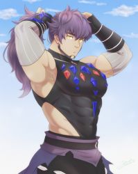 Rule 34 | 1boy, adjusting hair, alternate pectoral size, armpits, arms up, bara, bare shoulders, biceps, black gloves, bodysuit, cloud, commentary request, covered abs, covered navel, creatures (company), day, detached sleeves, diamond (shape), fingerless gloves, game freak, gem, gloves, highres, large pectorals, leon (pokemon), leon (sygna suit) (pokemon), long hair, looking at viewer, male focus, muscular, muscular male, nintendo, official alternate costume, outdoors, pectorals, pokemon, pokemon masters ex, ponytail, porkjinta, purple hair, red gemstone, sidepec, sky, solo, waist cape, yellow eyes
